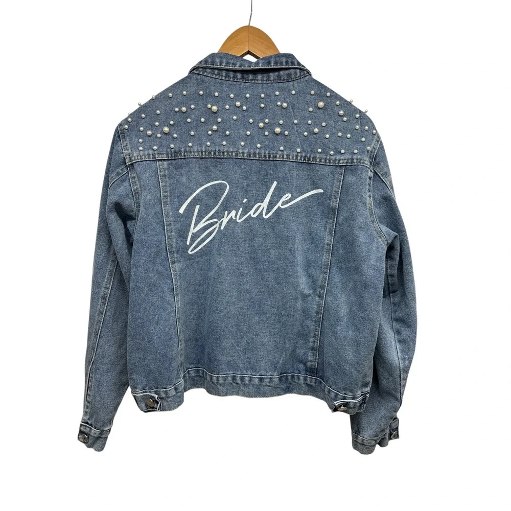 Bride Women's Denim Blue Jean Jacket With Pearls Wedding Bachelorette Sz XLarge - Picture 4 of 9